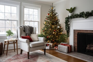 Obraz premium Cozy minimalist modern scandinavian style cottage sitting room decorated for Christmas with large-leaf potted plants, bright afternoon light, bold holiday accent colors