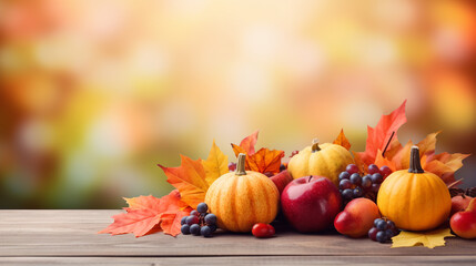 Naklejka na ściany i meble happy thanksgiving with colorful fruits and vegetables, walnuts and fallen leaves, autumn, autumn, on a light colored wooden table, background bokeh,with space for your text.