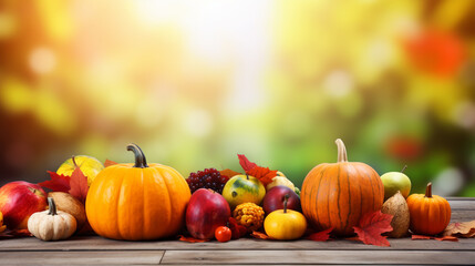 Naklejka na ściany i meble happy thanksgiving with colorful fruits and vegetables, walnuts and fallen leaves, autumn, autumn, on a light colored wooden table, background bokeh,with space for your text