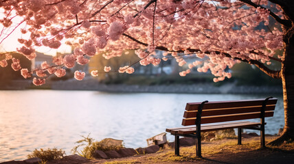 Obraz premium A bench with a river view with the background of a tree with a blooming sakura in the late afternoon.no people