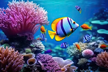Fototapeta na wymiar Biological fish and plants under the sea depths, colorful tropical fish and coral reef landscape, underwater world scene