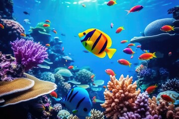 Naklejka na ściany i meble Biological fish and plants under the sea depths, colorful tropical fish and coral reef landscape, underwater world scene