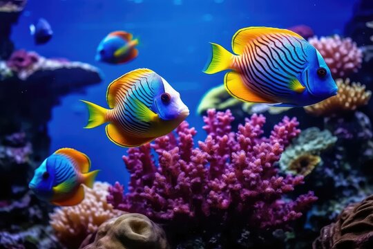 Biological fish and plants under the sea depths, colorful tropical fish and coral reef landscape, underwater world scene