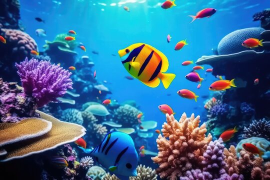 Biological fish and plants under the sea depths, colorful tropical fish and coral reef landscape, underwater world scene