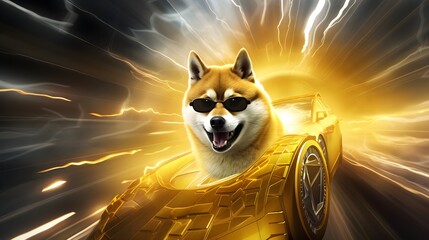shiba inu crypto coin currency bullish mooning market shibarium wallpaper background article lighting speed flying high up in a sports car golden  pumping corgi