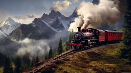A steam locomotive with red trailers drives through the mountains - obrazy, fototapety, plakaty