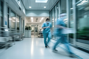 Fototapeta premium motion blur of medical workers walking in the hospital corridor, abstract background