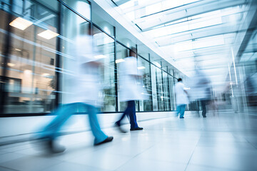 motion blur of medical workers walking in the hospital corridor, abstract background - obrazy, fototapety, plakaty