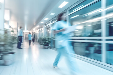 motion blur of medical workers walking in the hospital corridor, abstract background