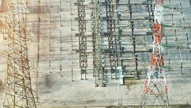 High voltage substations require strict safety protocols to protect workers and the public from electrical hazards, making them essential for reliable and secure power supply. Bird's eye view.
