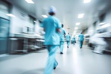 Fototapeta na wymiar motion blur of medical workers walking in the hospital corridor, abstract background