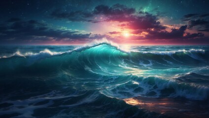 Quantum Serenity Illustration of an Ocean and Beautiful Night Sky with Fantastic Waves and Full-Color Sunset