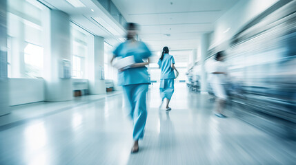 Fototapeta premium motion blur of medical workers walking in the hospital corridor, abstract background