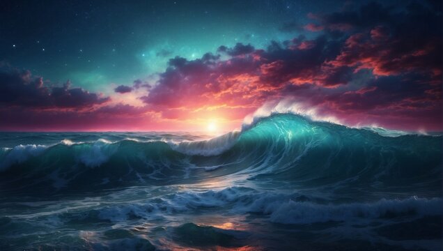 Ethereal Oceanic Symphony A Fantastic Quantum Interference of Waves in a Beautiful Night Sky and Full-Color Sunset Illustration