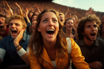 Row of the crowd at a tennis match, Excited expression. - obrazy, fototapety, plakaty