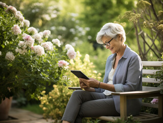 Fototapeta premium A Photo of a Woman Using a Retirement Planning App on Her Tablet Sitting in a Garden