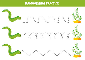 Tracing lines for kids. Cute cartoon green eel and seaweeds. Handwriting practice.