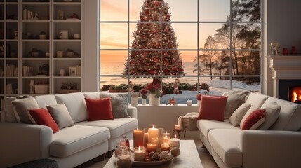 The living room of the modern home well decorated with Christmas elements and nice tree.