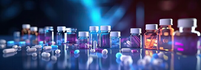 Bottles for pharmaceutical and healthcare medicines and drug research laboratory concept with copy space area - obrazy, fototapety, plakaty