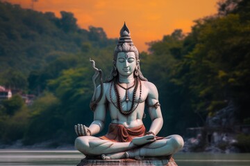Statue of meditating Hindu god Shiva on the Ganges River at Rishikesh village in India, Generative AI