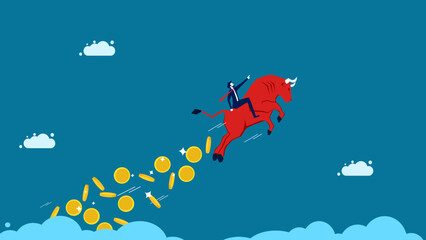 Asset trading, bull market. Businessman trading stocks sprinkles money in the sky. vector illustration