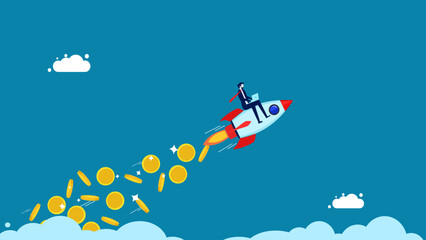 Build a business with funding sources. Rocket launches with flying coins. Vector illustration