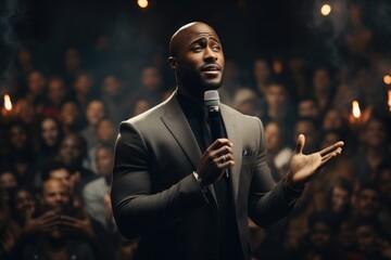 A black man who is speaking to a large group of people, He is an inspirational speaker.