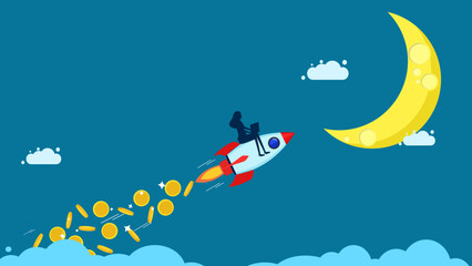Highly profitable business. Businesswoman riding a rocket scattering money in the sky. vector illustration