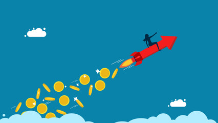 Finance grows. Businesswoman controls arrows to scatter money in the sky. Vector illustration
