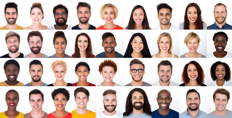 Many Headshots of a smiling men and women on a white background looking at the camera - obrazy, fototapety, plakaty