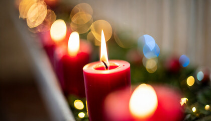 Soft candlelight fills the church, casting a warm glow amidst abstract lights, creating a serene ambiance for Advent