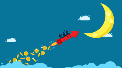 Business and investment grow. team of businessmen controls arrows to scatter money in the sky. Vector illustration