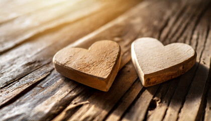 Two wooden hearts bathed in sunlight on a textured table, evoking warmth and affection - obrazy, fototapety, plakaty