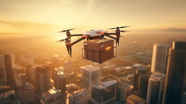 Drone Delivery Concept. Autonomous Aerial Vehicle Used To Transport Boxes