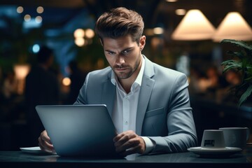 Business man busy working on laptop computer in office.