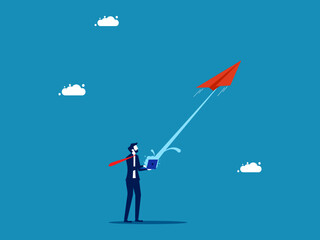 Business leader concept. Businessman launches paper rocket from laptop. vector illustration