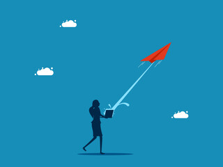 Business leader concept. Businesswoman launches paper rocket from laptop. vector illustration