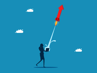 Business growth concept. Businesswoman launches rocket arrow from laptop Vector illustration