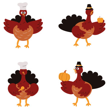 Set of Thanksgiving Turkey. With Modern Cartoon Shapes. Vector Illustration