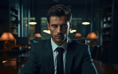 Fototapeta premium Serious businessman sitting at office desk at night.