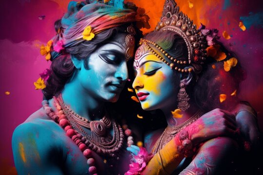 Hindu mythological couple Krishna and Radha in Holi festival concept. Generative AI
