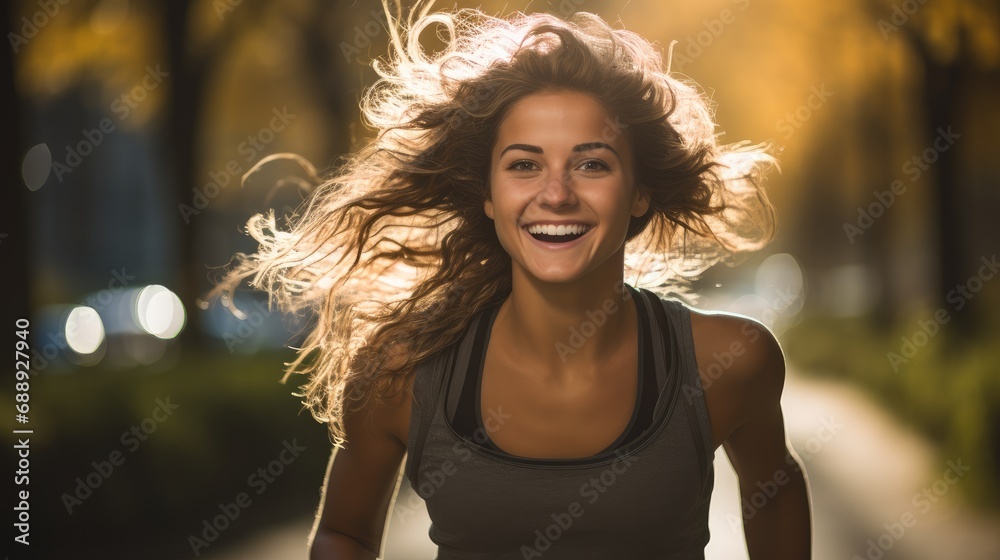 Poster A young woman with a radiant smile, Engaged in a brisk run through a city park in the early morning.