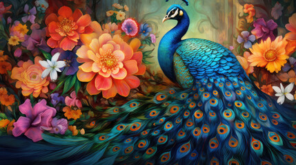 the peacock is sitting among the flowers