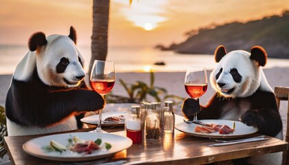 Panda Couple Enjoying a Romantic Dinner on Vacation - obrazy, fototapety, plakaty