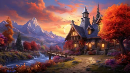 Fotobehang Enchanted autumn landscape with magical cottage and vibrant foliage. Fantasy setting. © Postproduction