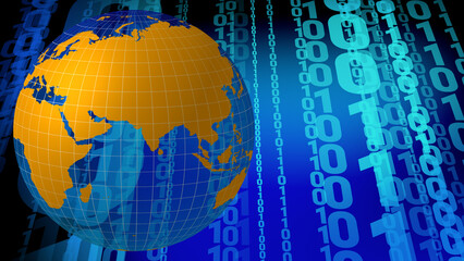 Obraz premium Cyber globe global communication and technology news in binary world, safeguarded by algorithm and cyber security against cyber attacks