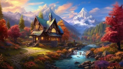  Enchanting autumn landscape with cabin by river. Seasonal beauty and tranquility. © Postproduction