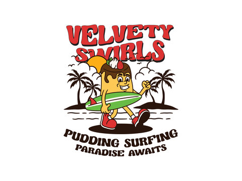 Cartoon Character Of A Pudding With A Vintage And Handwritten Style Goes On Holiday At The Beach