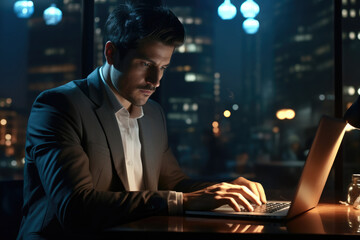 Businessman using laptop working on desk at night.