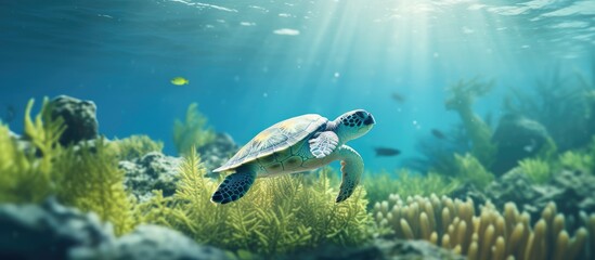 Tiny sea turtle in marine environment swimming